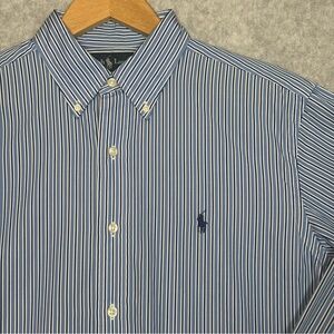 Ralph Lauren Long-Sleeve Button Down Striped Shirt-Navy/Blue/White-Men Medium